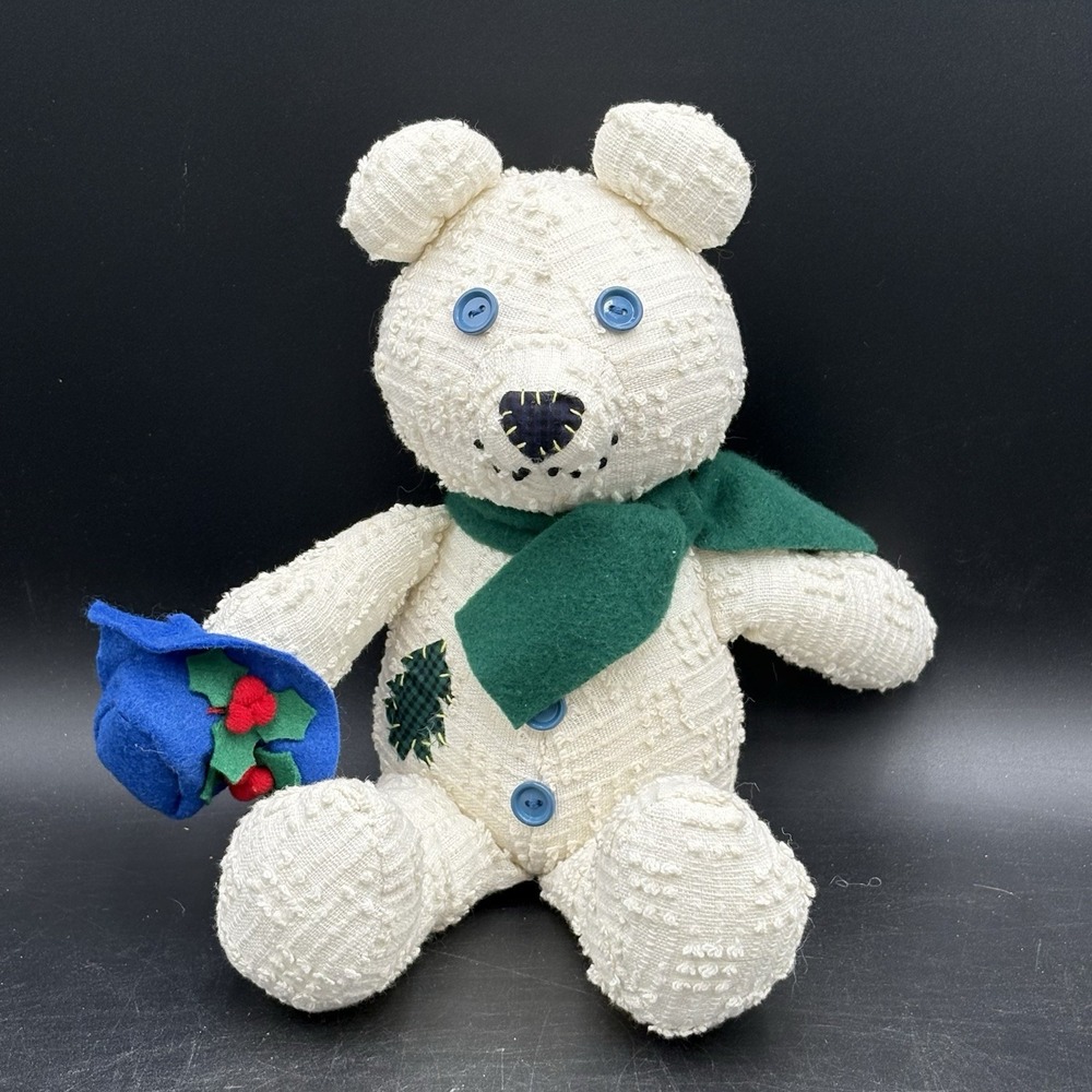 Vtg International Silver Co White Teddy Bear Plush Button Eyes Hat Christmas